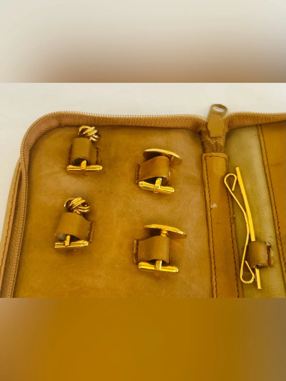 Christian Dior Vintage Men's Mustard Tan Leather Cuff Like/Tie Bar Set